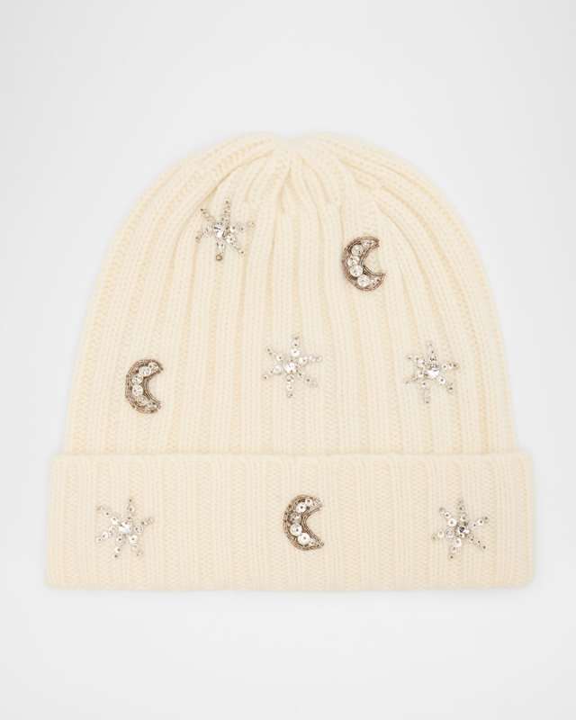 Embroidered Crystal Cashmere Rib Beanie